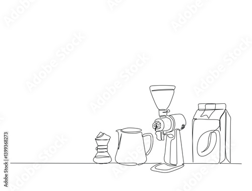 Continuous line art drawing of coffee maker equipment. coffee grinder, jug, brewer  in one line drawing illustration. Editable stroke.