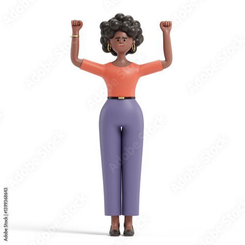 woman with raised fists, symbolizing success, achievement, or victory. 3D rendering, conceptual image. Isolated on white background. photo