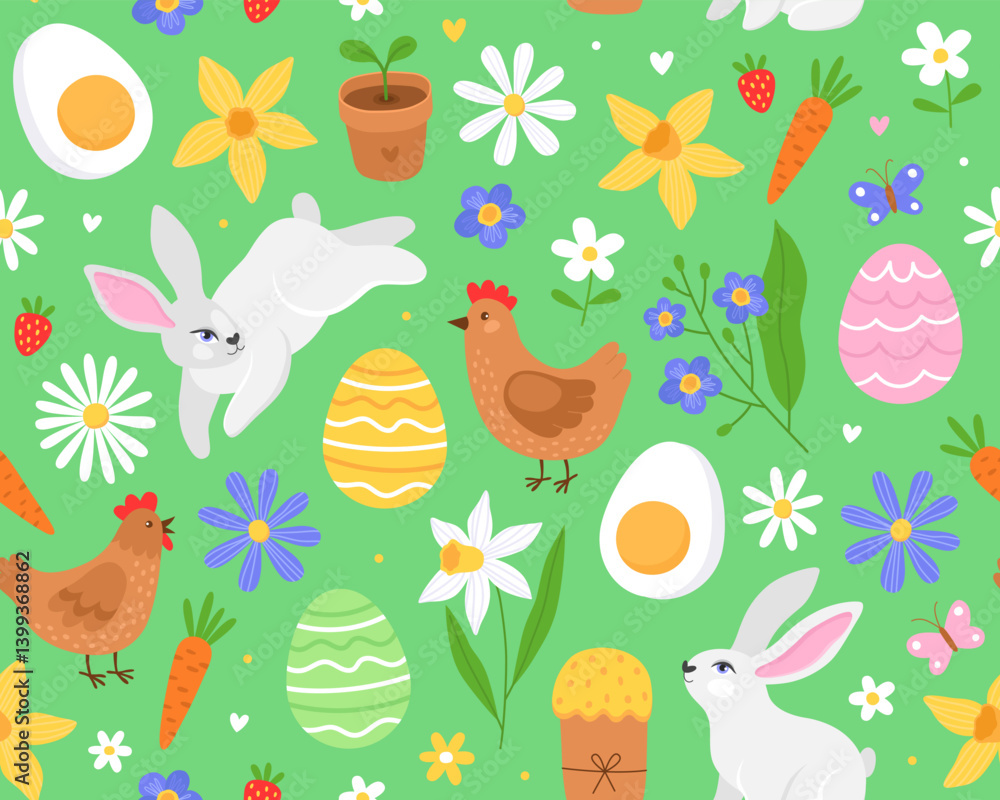 Obraz premium Seamless pattern for Easter day. Cute easter illustrations on a green background.Bunnies, spring flowers, Easter eggs, chickens and carrots. 