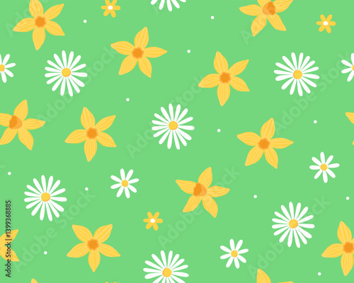 Spring seamless pattern. Cute white and yellow flowers on a green background. Meadow of daisies, chamomile and daffodil.