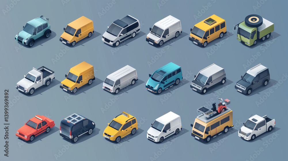 Naklejka premium Flat 3d isometric high quality city transport car icon set. Bus, bicycle courier, Sedan, van, cargo truck, off-road, bike, mini and sport cars. Urban public and freight vehihle