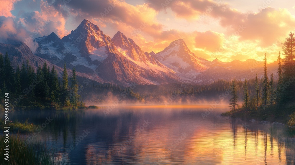 A serene landscape featuring majestic mountains reflecting in a tranquil lake at sunset, surrounded by lush forests and vibrant skies. A serene landscape featuring majestic mountains reflecting in a tranquil lake at sunset, surrounded by lush forests and vibrant skies.