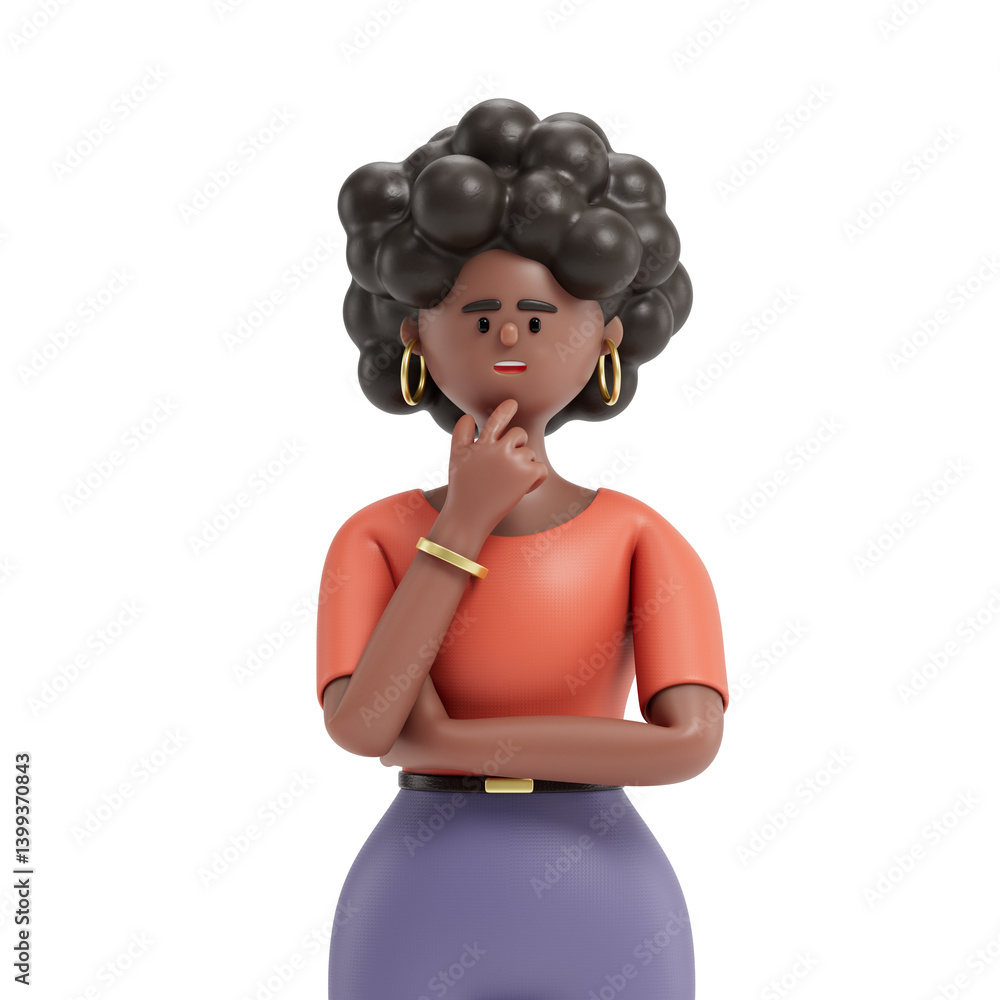 woman in deep thought, symbolizing contemplation or decision-making. 3D rendering, conceptual image. Isolated on white background. woman in deep thought, symbolizing contemplation or decision-making. 3D rendering, conceptual image. Isolated on white background.