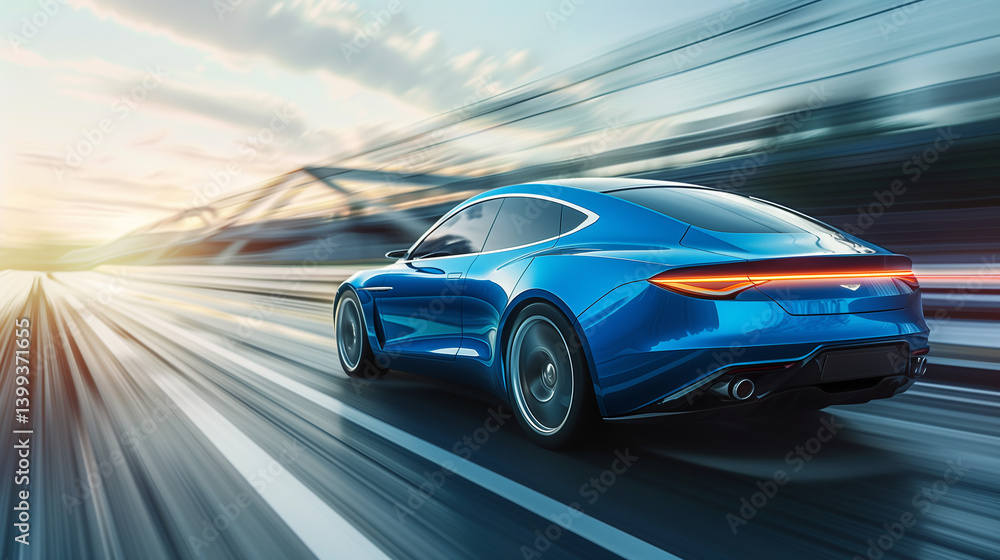 Rear view of blue Business car on high speed in turn. Blue car rushing along a high-speed highway. Generative AI Rear view of blue Business car on high speed in turn. Blue car rushing along a high-speed highway. Generative AI