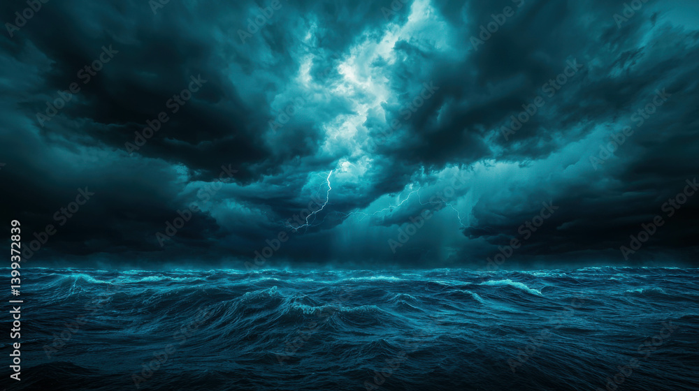 Dramatic Stormy Ocean Scene with Dark Clouds and Striking Lightning in a Turbulent Sea Dramatic Stormy Ocean Scene with Dark Clouds and Striking Lightning in a Turbulent Sea