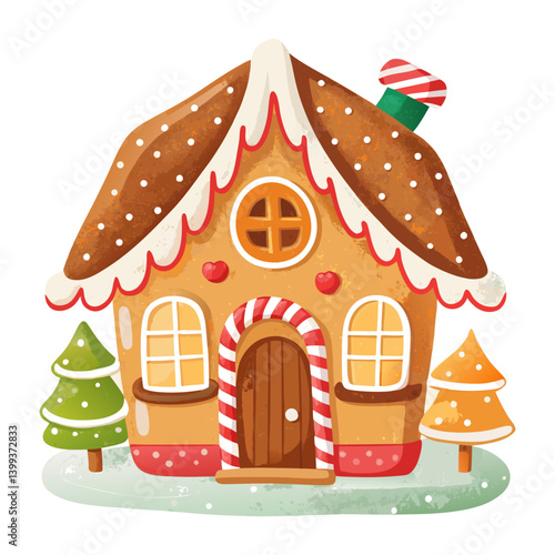 watercolor gingerbread house decorated with candy, cozy and festive