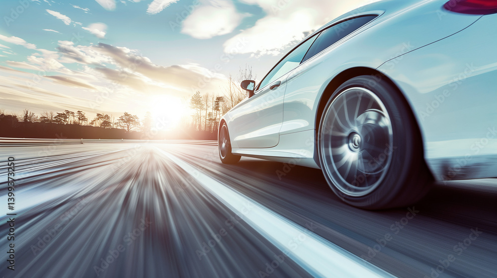 White car speed driving on asphalt road at daytime - White car speed driving on asphalt road at daytime -