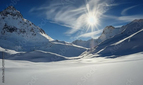 Snow-covered mountains under a bright sun and blue sky, with clouds. Vast, white, and serene winter landscape