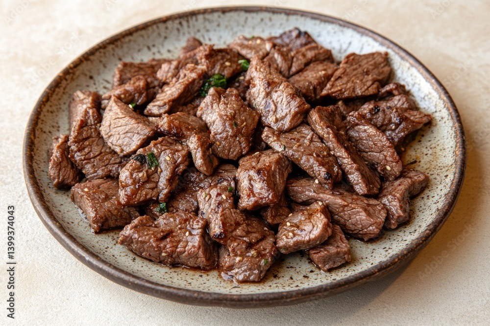 Fototapeta premium Plate of Korean grilled beef garnished with herbs. Concept of Korean grilled beef, showcasing succulent bulgogi served in an appetizing presentation on beige countertop.
