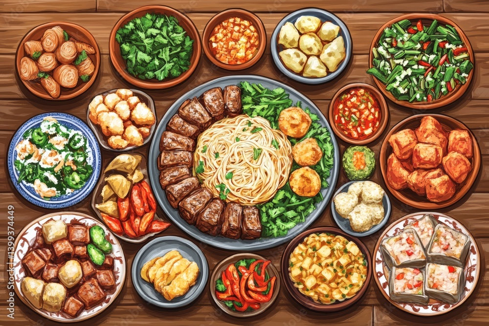 Vietnamese pork noodles arranged on wooden table, showcasing colorful dishes including Bun Cha. Concept of Vietnamese pork noodles featuring inviting warm colors, diverse textures. Vietnamese pork noodles arranged on wooden table, showcasing colorful dishes including Bun Cha. Concept of Vietnamese pork noodles featuring inviting warm colors, diverse textures.