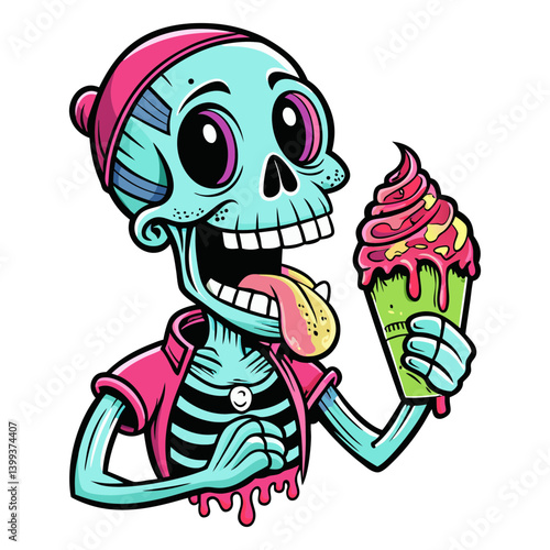 funny vector design t-shirt streetwear skeleton eating ice cream