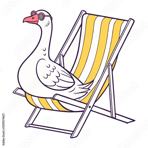 Funny, large goose in doodle style, isolated on white background. Sitting in a deck chair and drinking a cocktail