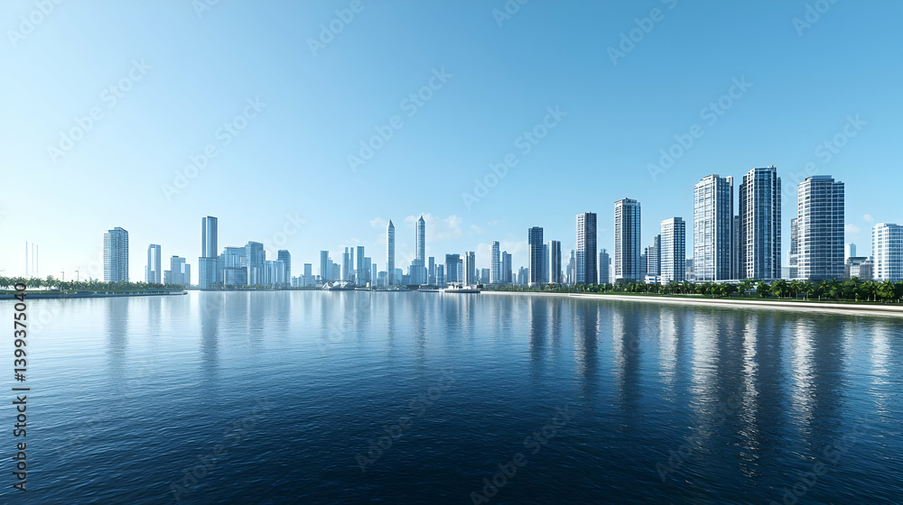 Fototapeta premium Panoramic View Of Modern City Skyline Reflecting On Calm Water