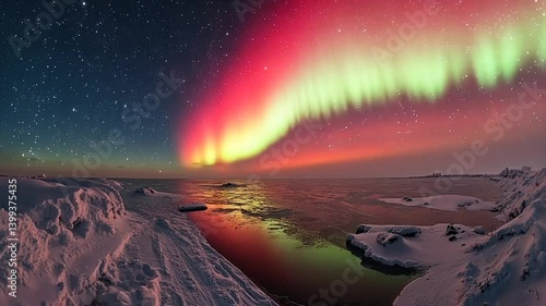 Vivid red and green aurora borealis over a frozen arctic sea at night