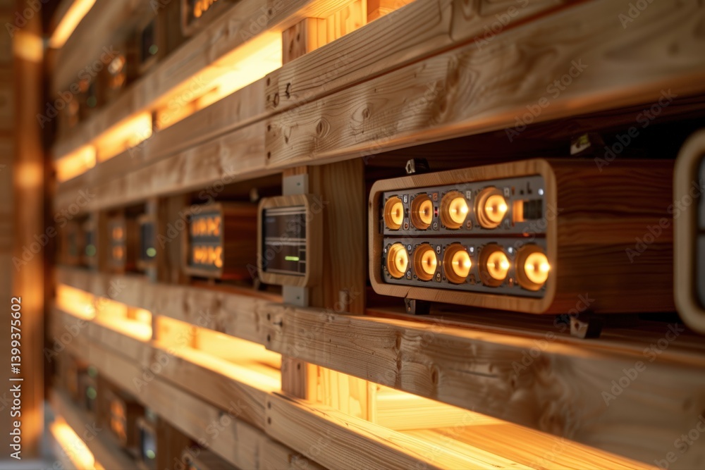 Close-up wooden cyberpunk crypto mining farm with warm glowing speakers. Unique rustic design with modern technology. Show audio equipment detail, minimalist arrangement, and modern ambiance. Close-up wooden cyberpunk crypto mining farm with warm glowing speakers. Unique rustic design with modern technology. Show audio equipment detail, minimalist arrangement, and modern ambiance.