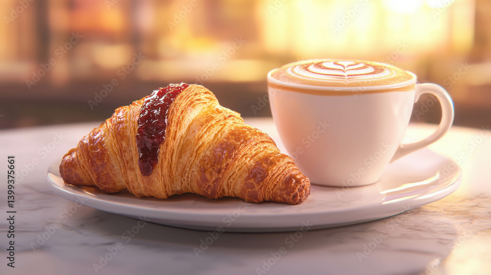 Freshly Baked Croissant with Jam on Plate Next to Cup of Coffee in Warm Cafe Setting Freshly Baked Croissant with Jam on Plate Next to Cup of Coffee in Warm Cafe Setting