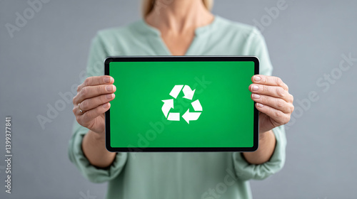 woman holding tablet displaying green recycling symbol, promoting sustainability and environmental awareness. image conveys message of eco friendliness and modern technology