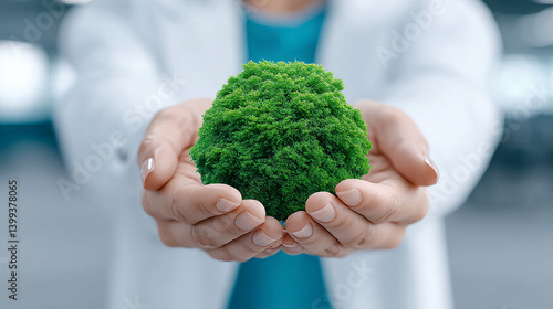 businesswoman holding small green plant symbolizing sustainability and environmental care, showcasing commitment to eco friendly practices and innovation