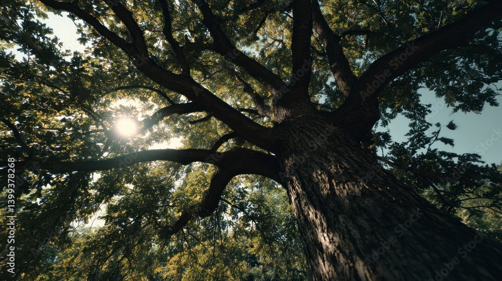Naklejka premium Looking Up Through Tree Branches with Sunlight Streaming Through Leaves