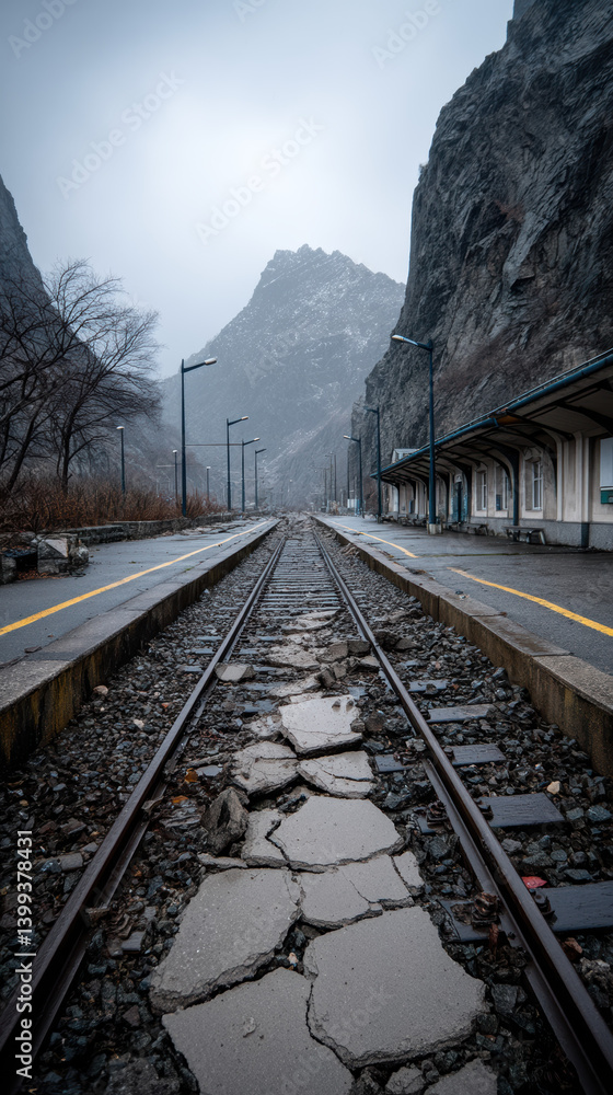 Fototapeta premium Railway tracks damaged by landslide in mountainous area, overcast sky