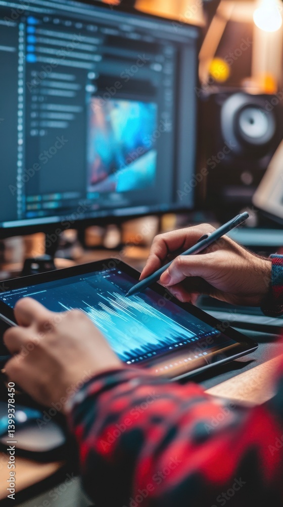 Digital Marketing and Online Business. Person Using Stylus on Graphics Tablet, Close Up Digital Marketing and Online Business. Person Using Stylus on Graphics Tablet, Close Up