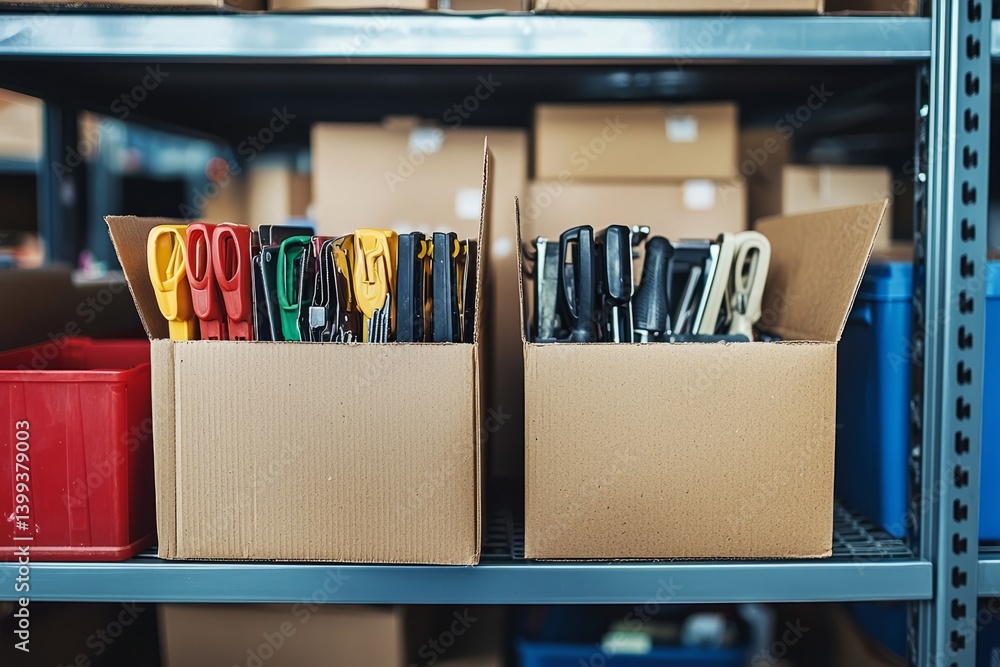 Someone unloads staplers and hole punches from a cardboard box. They place them neatly on a metal shelf. A recycling bin is close by