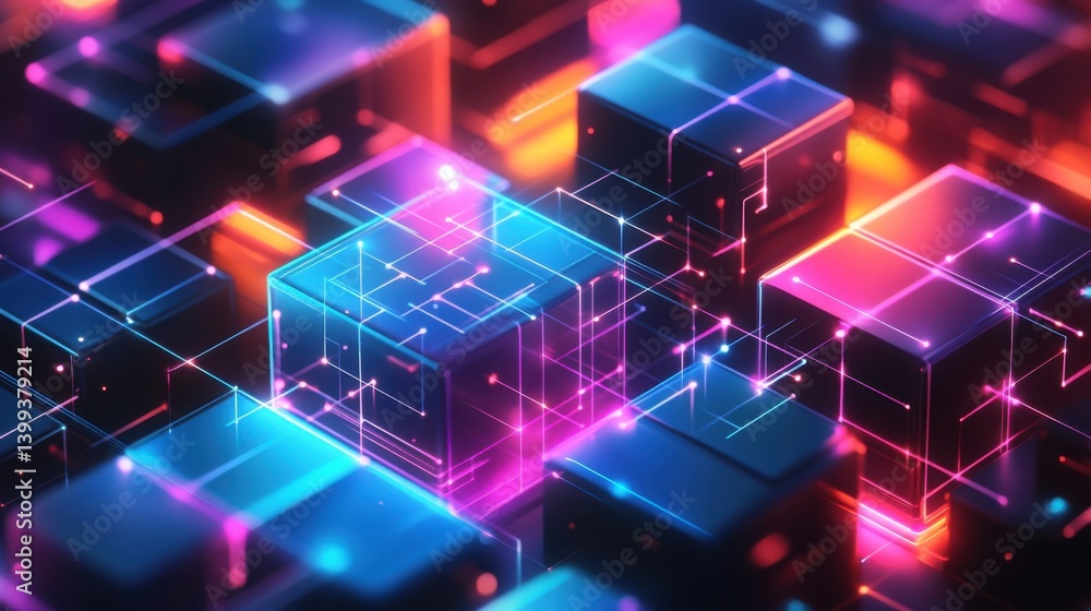 A vibrant, abstract digital landscape featuring glowing cubes and interconnected lines, creating a futuristic and technological aesthetic. A vibrant, abstract digital landscape featuring glowing cubes and interconnected lines, creating a futuristic and technological aesthetic.