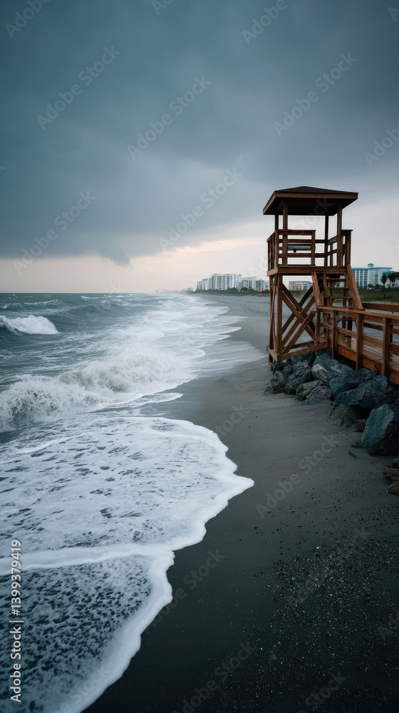 Lifeguard tower stands against stormy waves on deserted beach Lifeguard tower stands against stormy waves on deserted beach