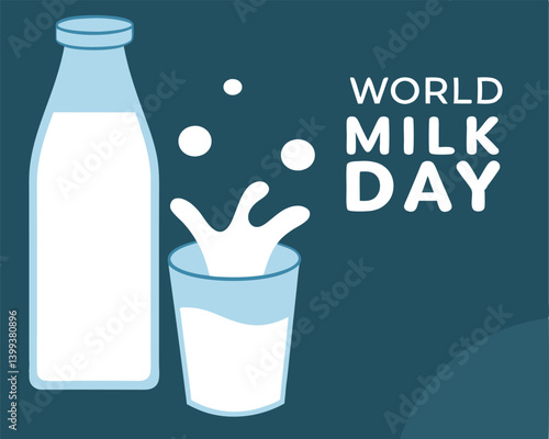 World Milk Day Graphic with Milk Bottle, Glass, and Splash.