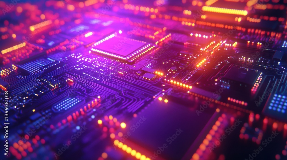 A vibrant, close-up view of a circuit board, featuring glowing components and intricate connections, highlighting technology and innovation.