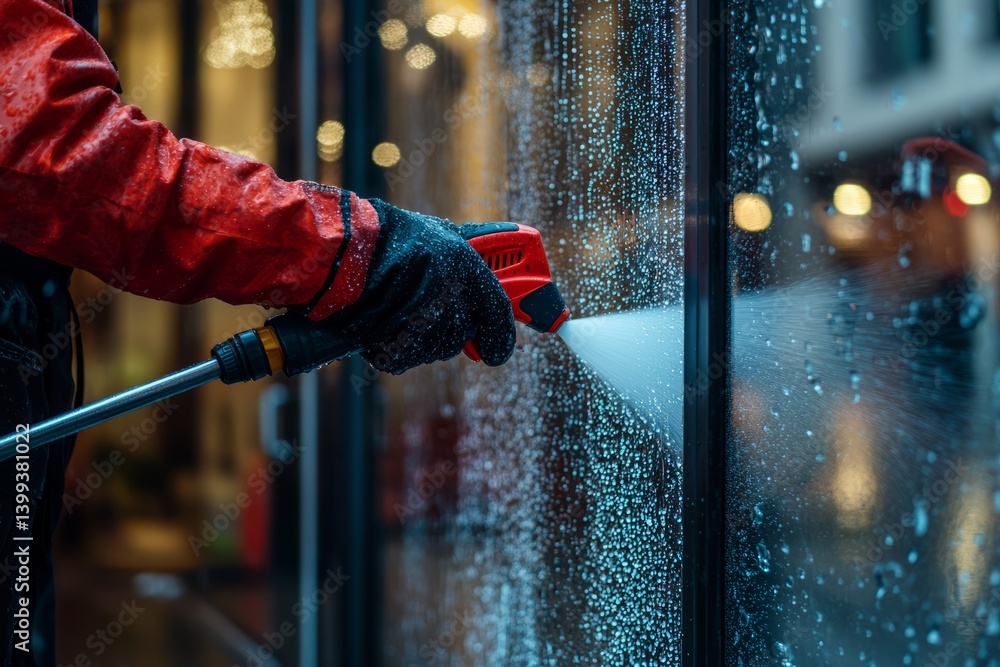 A person cleans glass doors at the building entrance. They spray and wipe in slow strokes. A small squeegee hangs from their belt