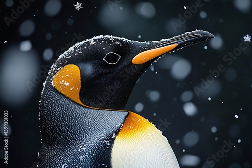 Wallpaper Mural A King Penguin covered in snowflakes, a stunning portrait against a dark background. The vibrant colors and sharp details highlight the bird's beauty. Torontodigital.ca