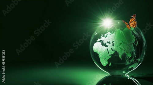 Green Earth Globe with Butterfly, Sunlight, Reflection. Environmental Concept. Ecology and Nature.