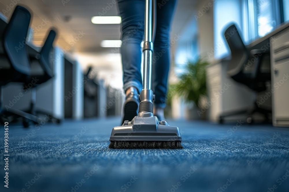 A person pulls a vacuum down the office hallway. They move slowly past the desks. The cord trails behind them
