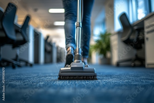 Obraz na płótnie A person pulls a vacuum down the office hallway. They move slowly past the desks. The cord trails behind them w salonie
