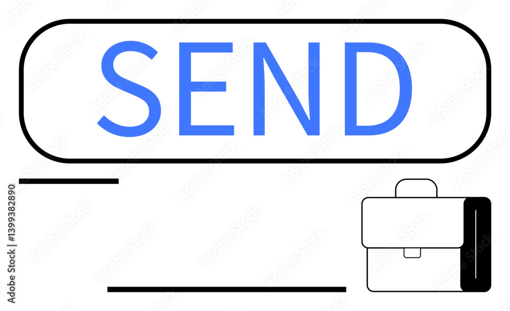 Large digital SEND button design accompanied by a simplistic briefcase icon, representing email, messaging, and communication. Ideal for mail, business, career, task, connection workflow or minimal Large digital SEND button design accompanied by a simplistic briefcase icon, representing email, messaging, and communication. Ideal for mail, business, career, task, connection workflow or minimal