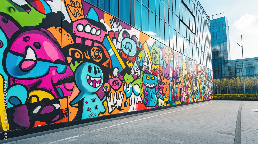 A colorful doodle-style graffiti wall in a modern cityscape A colorful doodle-style graffiti wall in a modern cityscape
