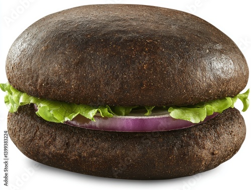 Obraz na płótnie Delicious gourmet burger on white background featuring fresh lettuce purple onion and charcoal bun w salonie