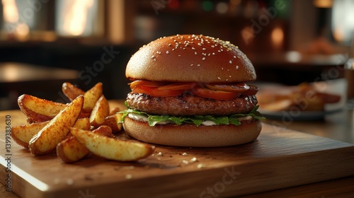 Appetizing burger and potato wedges served on a wooden board in a cozy restaurant setting showcasing food photography