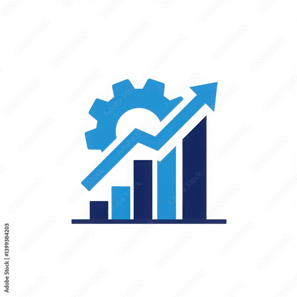 Rising chart with gear and arrow showing growth concept isolated on white background Rising chart with gear and arrow showing growth concept isolated on white background