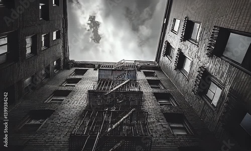 Low-angle view of old buildings, their fire escapes, and the sky overhead in gray tones