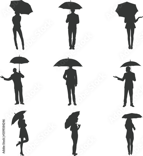 Set of people holding umbrella silhouette illustration