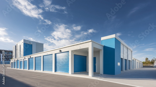 Exterior view of a blue and white self storage facility under a partly cloudy sky during the daytime