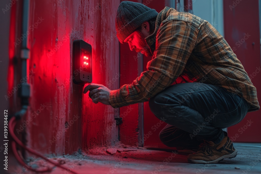 A worker checks a wall outlet with a tester tool. They kneel and press the device into the socket. A red light flashes
