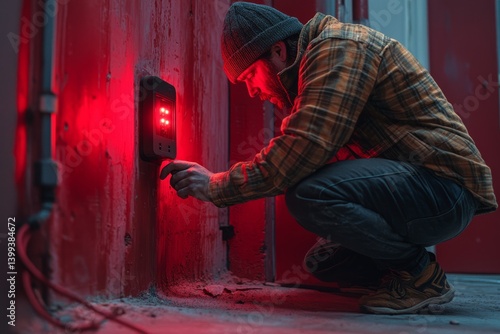 Obraz na płótnie A worker checks a wall outlet with a tester tool. They kneel and press the device into the socket. A red light flashes w salonie