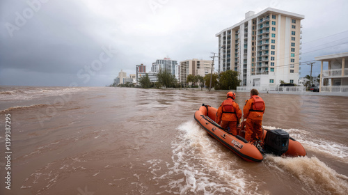 Rescue boat navigating floodwaters in hurricane near tall buildings