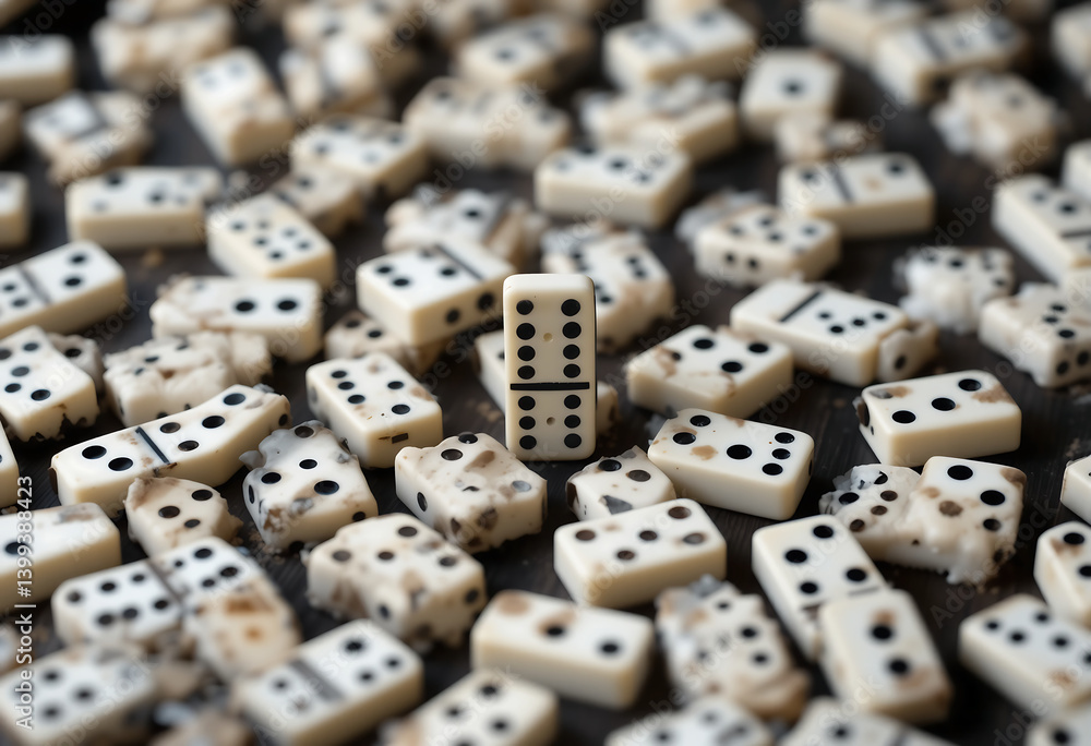 Scattered aged dominoes game pieces background with focus on standing domino tile game Scattered aged dominoes game pieces background with focus on standing domino tile game