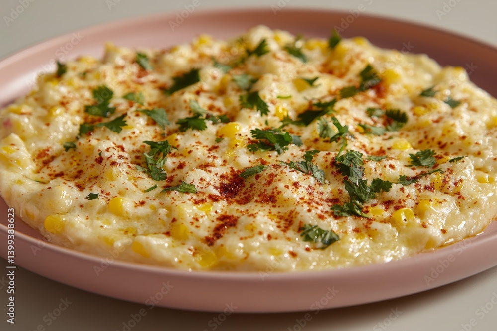 Plate of street-style spicy corn dip garnished with red chili flakes, parsley, and small corn chunks. Concept of street-style spicy corn dip served with Cachiritos. Plate of street-style spicy corn dip garnished with red chili flakes, parsley, and small corn chunks. Concept of street-style spicy corn dip served with Cachiritos.