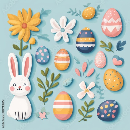 Easter Festival. Cute White Bunny with Pastel Easter Eggs and Flowers