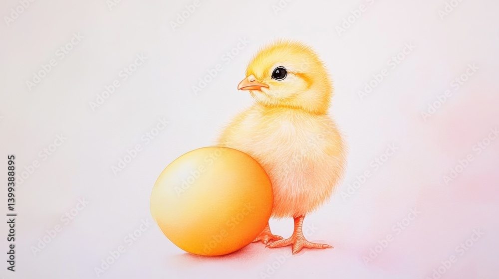 Obraz premium Easter Festival. Fluffy Yellow Chick Beside a Large Egg on a Pink Background